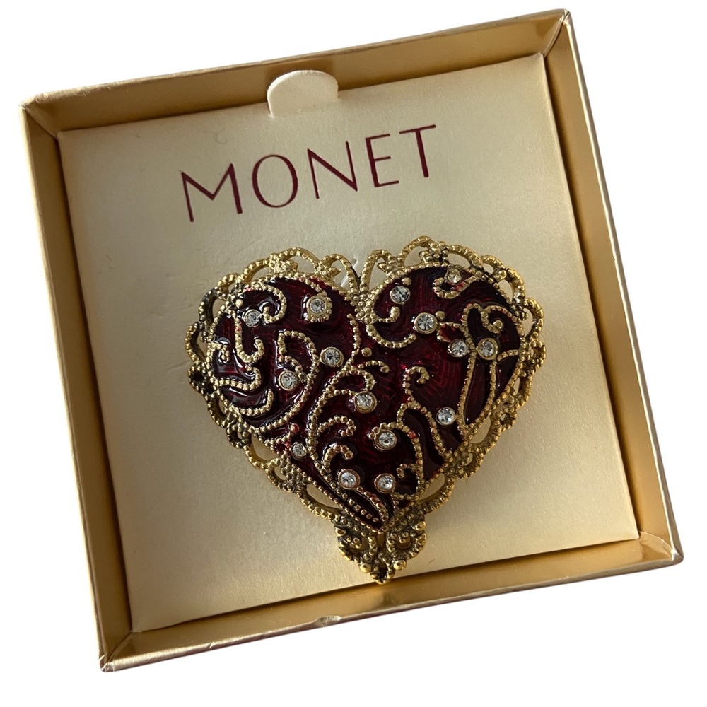 Monet Heart Shape Red Enamel Gold Tone Brooch Pin